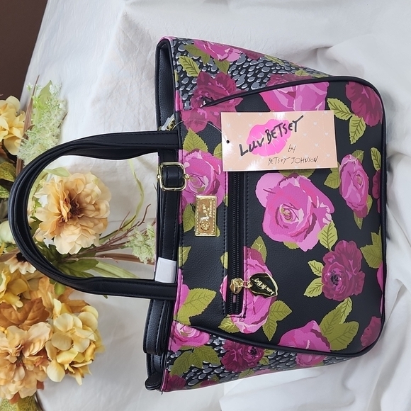 Betsey Johnson Black and Pink Floral Satchel - Picture 7 of 8